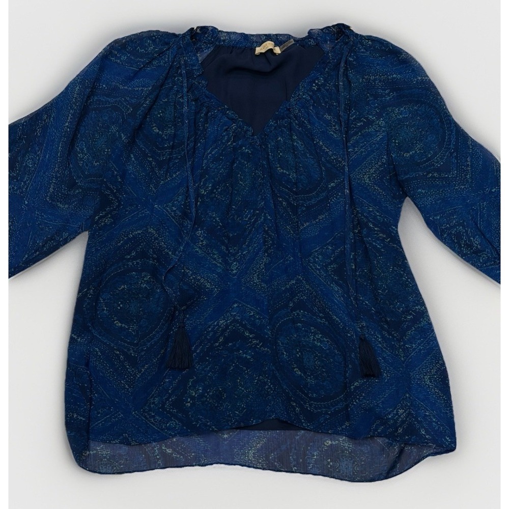 Ramy Brook Luanne Silk Paisley Geometric Print Long Sleeve Blue Blouse Top Sz M‎